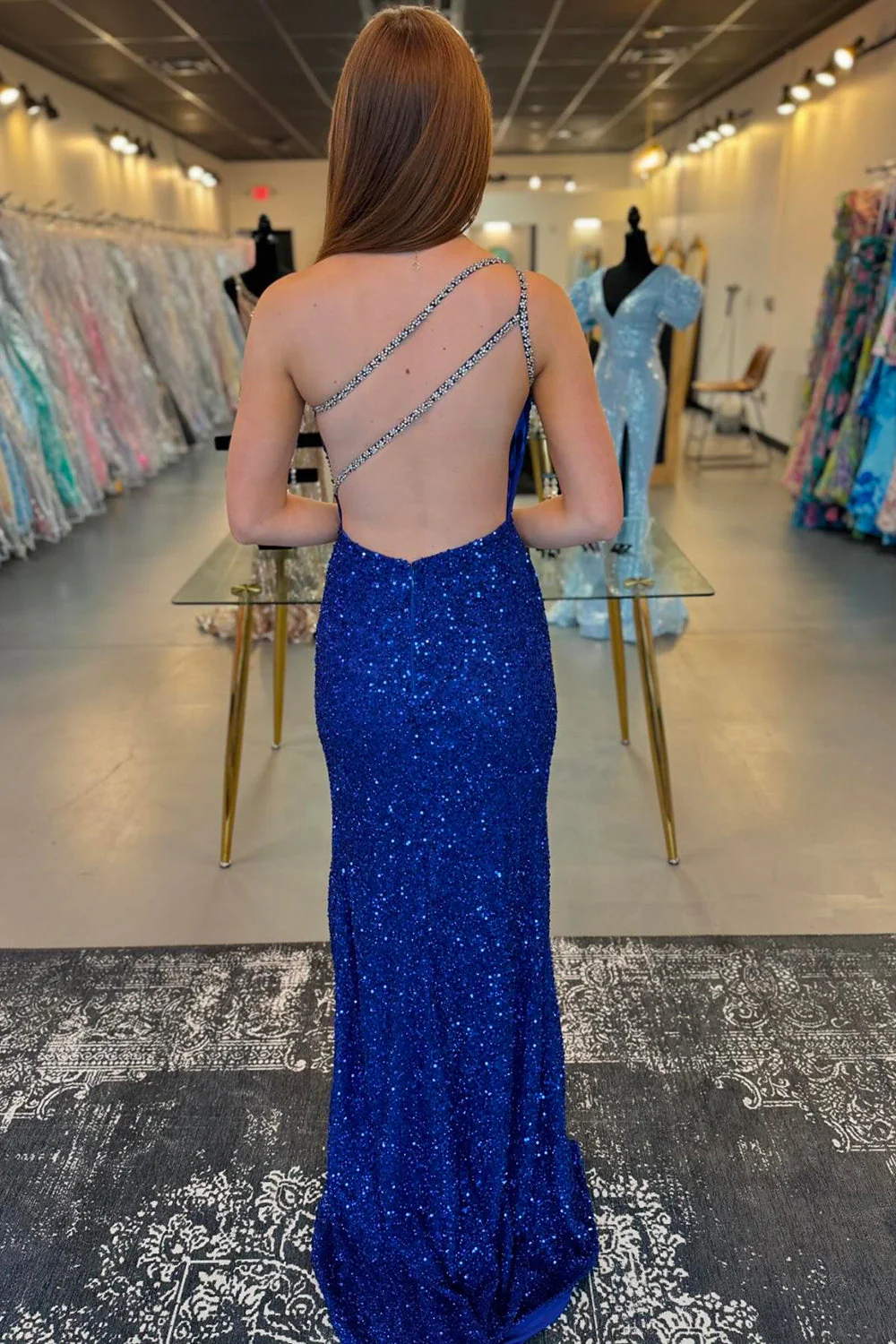 One Shoulder Sequins Cut-out Mermaid Long Prom Dress with Slit - Image 2