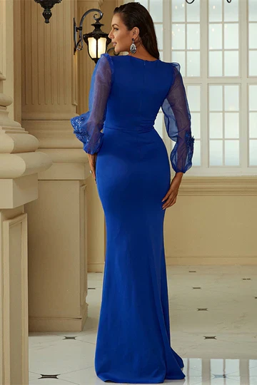 Royal Blue Queen Anne Long Sleeve Mermaid Formal Dress - Image 3