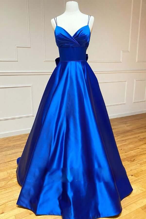 Royal Blue Satin A-line Spaghetti Straps Long Prom Dresses With Bowknot, MP692