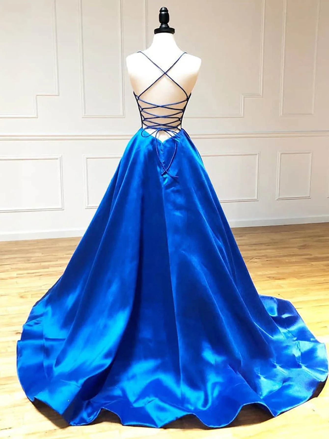 Satin A Line V Neck Long Prom Dress - Image 2