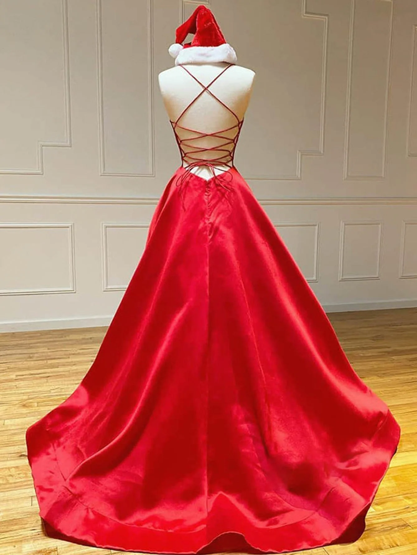 Satin A Line V Neck Long Prom Dress - Image 4