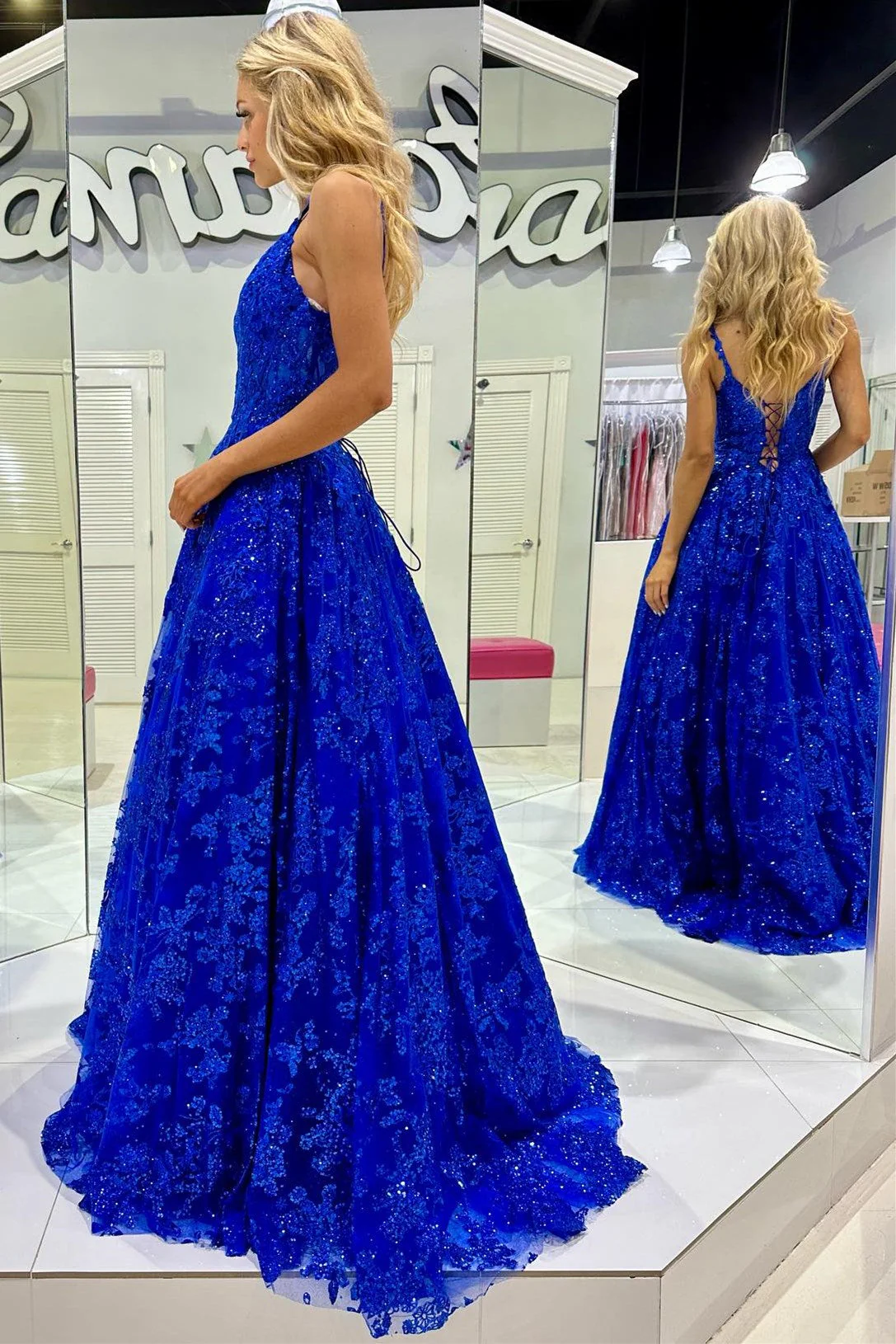 Sequin Lace V-Neck A-Line Long Prom Dress - Image 2