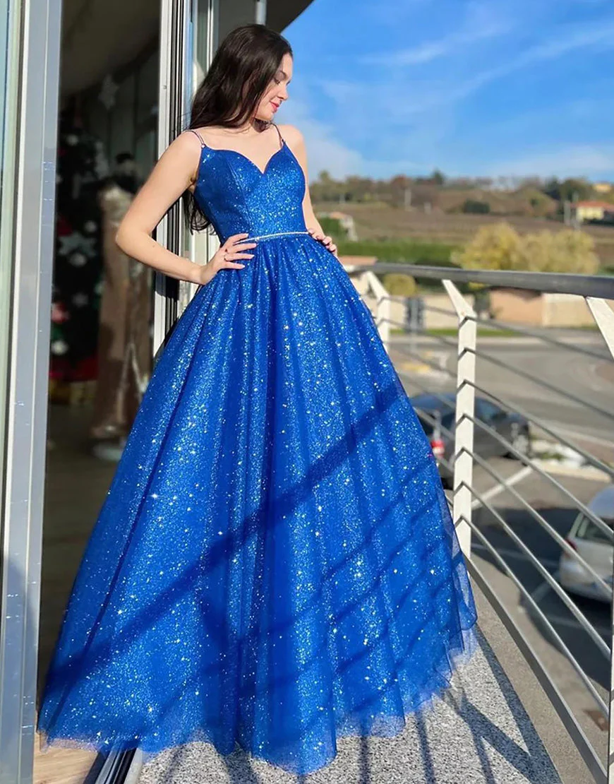  Royal Blue Sparkly A Line Spaghetti Straps Long Prom Dress - Image 3