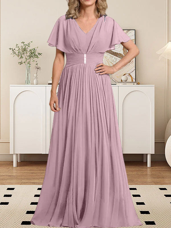A-line V-Neck Floor-Length Chiffon Mother of the Bride Dress With Crystal Brooch Pleated - Image 19