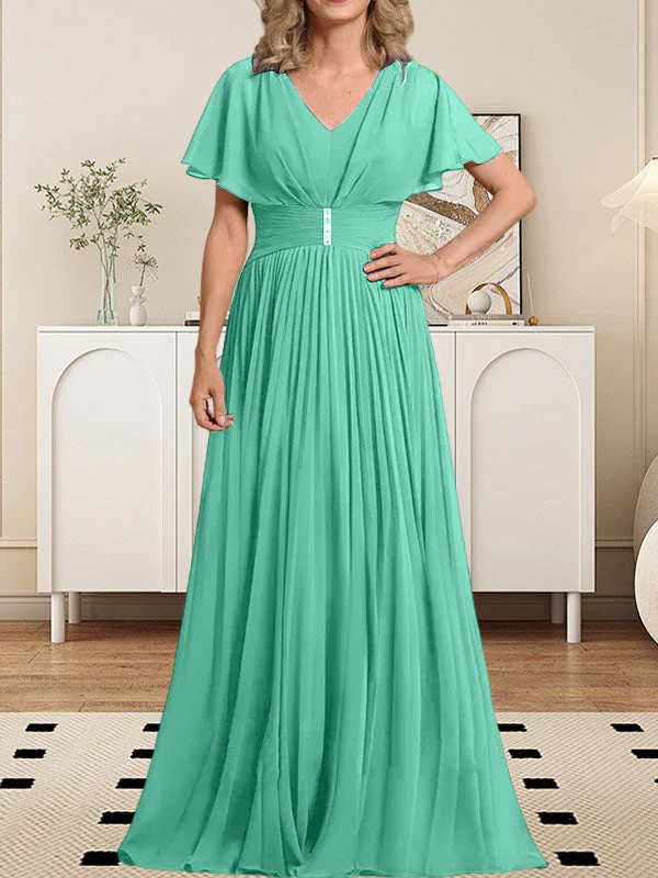 A-line V-Neck Floor-Length Chiffon Mother of the Bride Dress With Crystal Brooch Pleated - Image 31