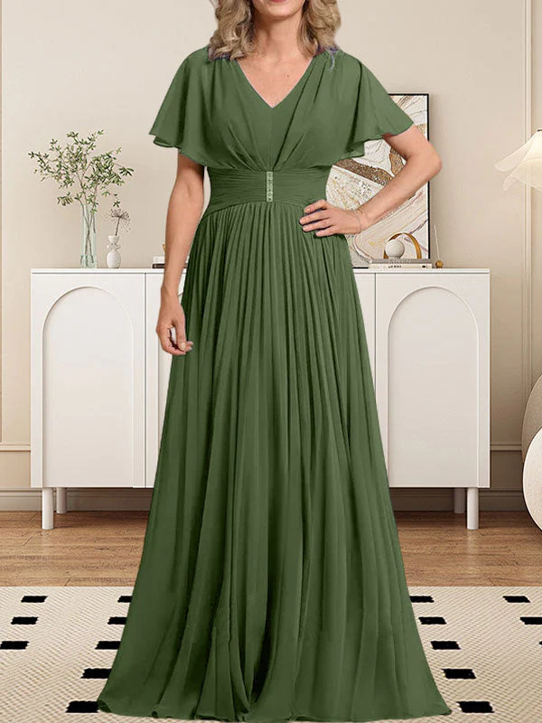 A-line V-Neck Floor-Length Chiffon Mother of the Bride Dress With Crystal Brooch Pleated - Image 33