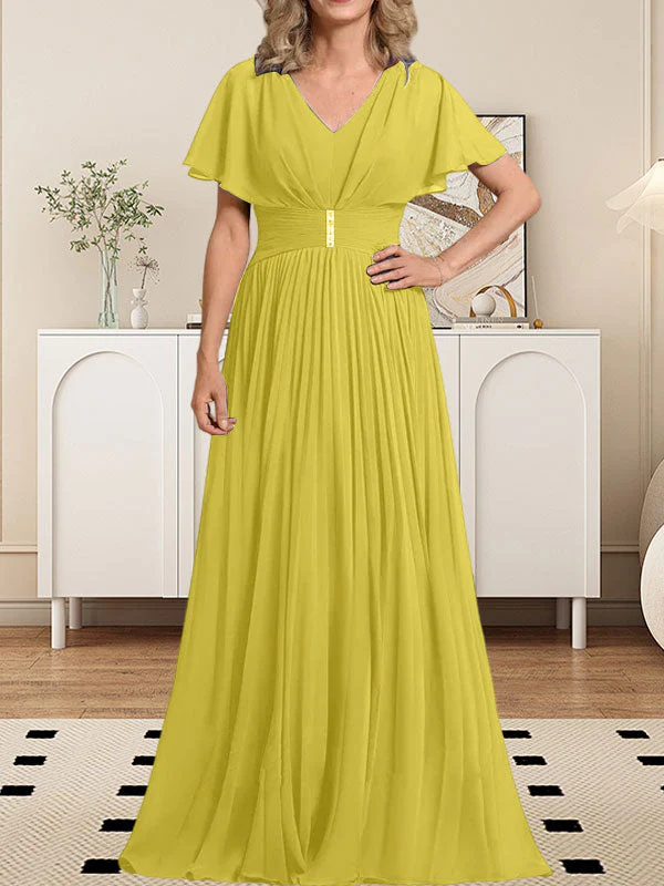 A-line V-Neck Floor-Length Chiffon Mother of the Bride Dress With Crystal Brooch Pleated - Image 44