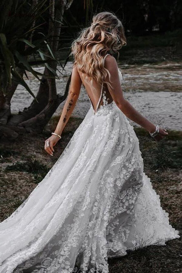 Rustic A-line V-neck Side Slit Lace Beach Wedding Dresses, Bridal Gown - Image 2