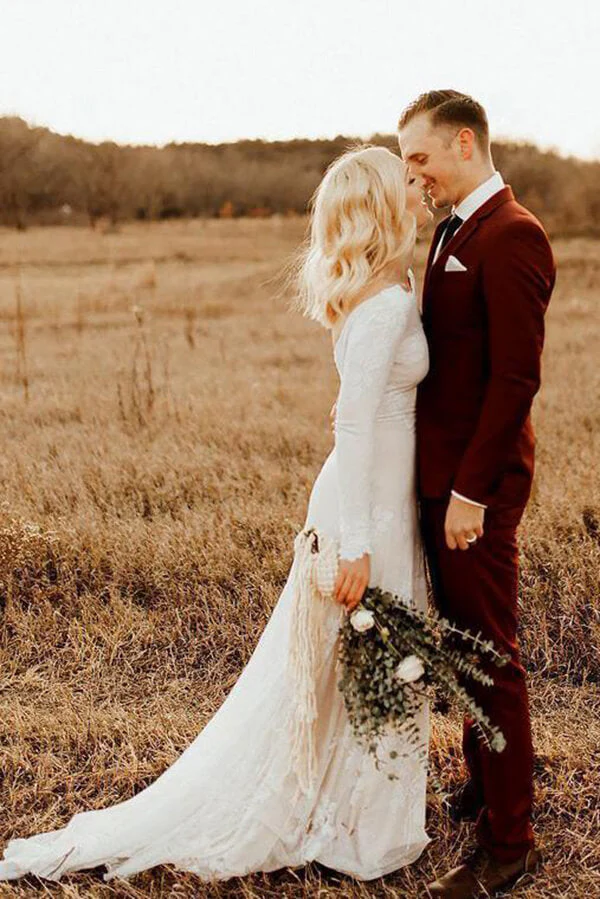 Rustic Ivory Mermaid Long Sleeves Backless Wedding Dresses, Bridal Dress