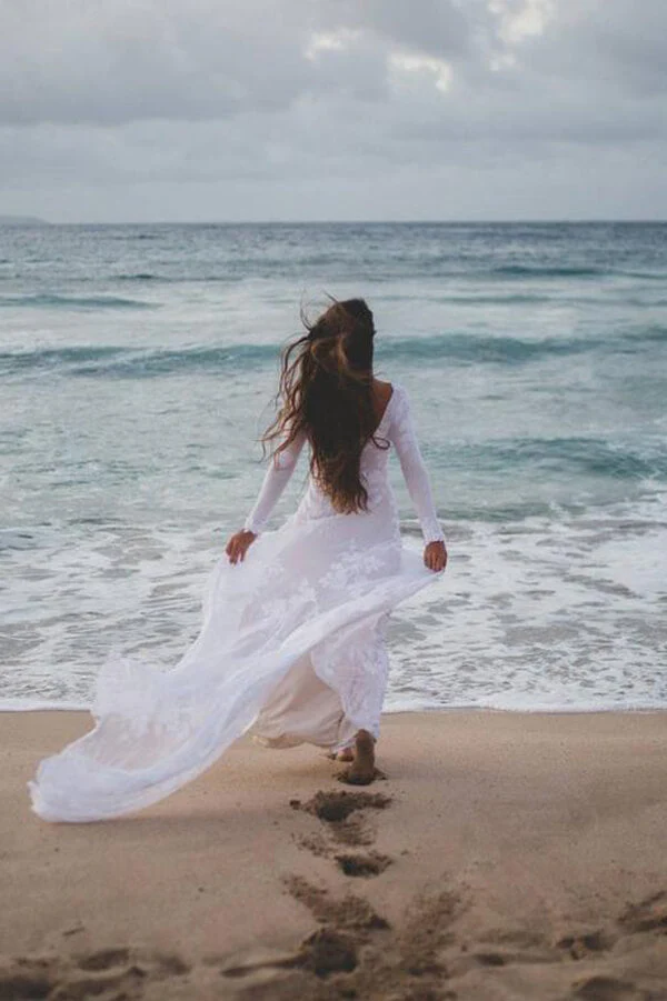Rustic Ivory Mermaid Long Sleeves Backless Wedding Dresses, Bridal Dress - Image 4