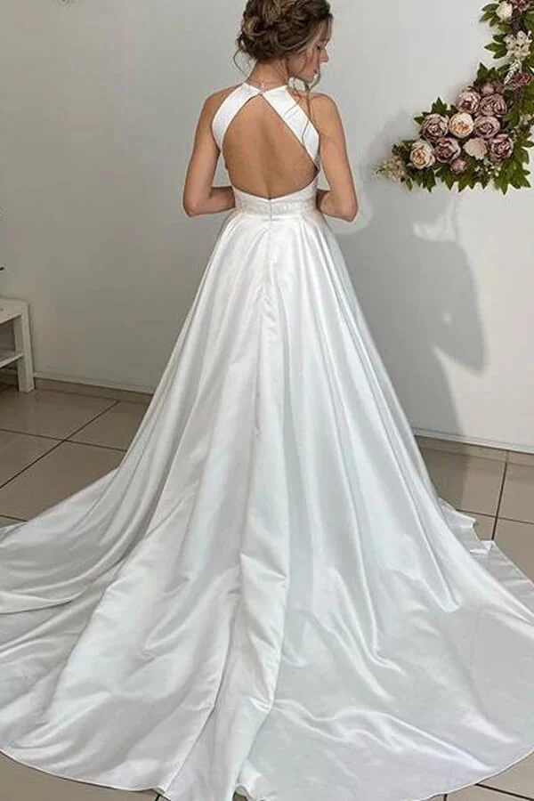 Satin A-line Halter Backless Wedding Dress, Bridal Gown With Beaded Belt - Image 2