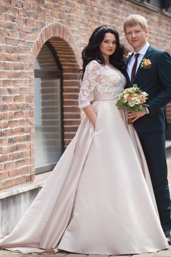 Satin A-line Illusion Long Sleeves Wedding Dresses With Lace Appliques