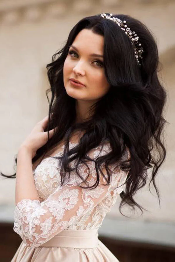 Satin A-line Illusion Long Sleeves Wedding Dresses With Lace Appliques - Image 2
