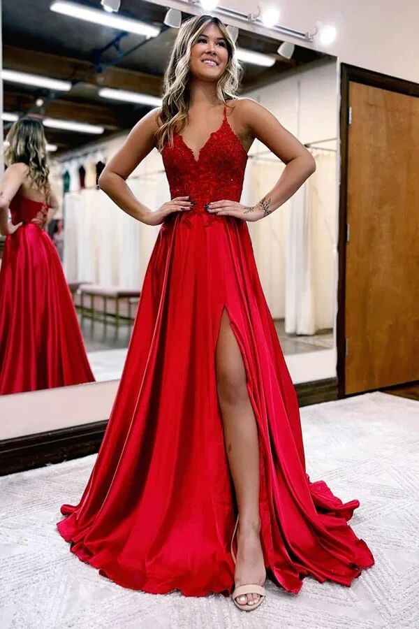 Satin A-line V-neck Spaghetti Straps Prom Dresses With Slit, Party Dress, MP918 - Image 5