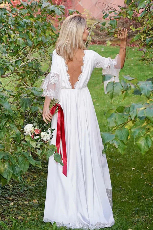 Satin A-line V-neck V Back 3/4 Sleeves Boho Wedding Dress with Lace - Image 2