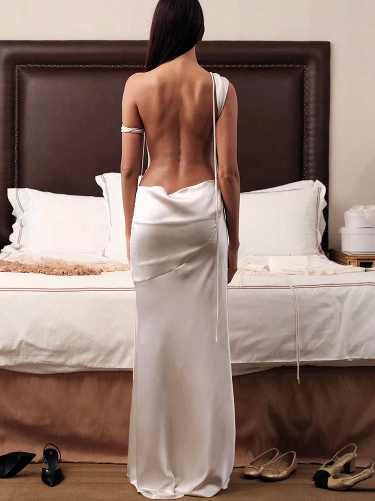 Satin Backless Bandage Maxi Vacation Dress - Image 3