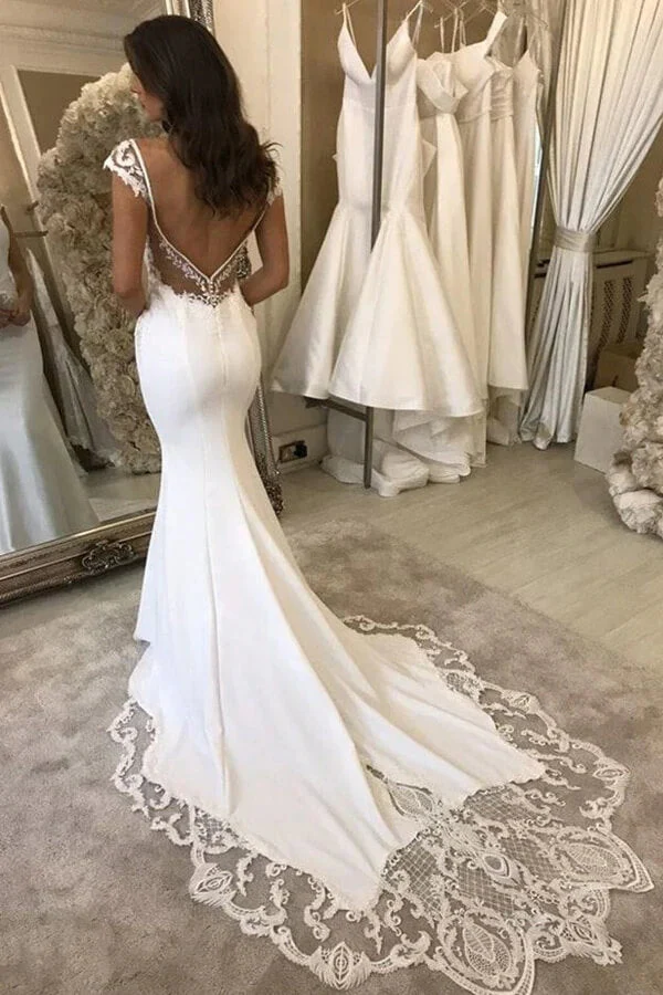Satin Mermaid Lace V-neck Cap Sleeves Wedding Dresses With Appliques - Image 2