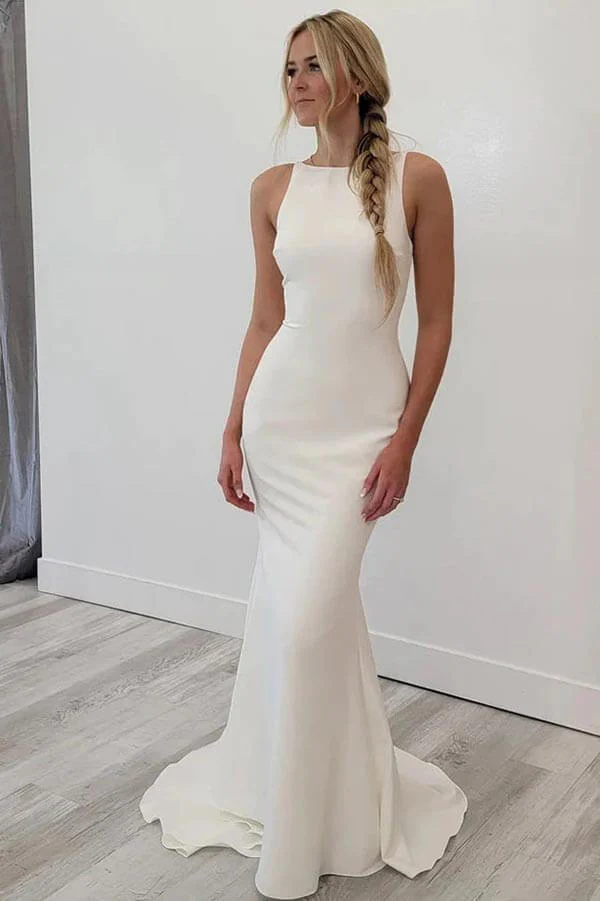 Satin Mermaid Scoop Neck Open Back Wedding Dresses, Bridal Gowns