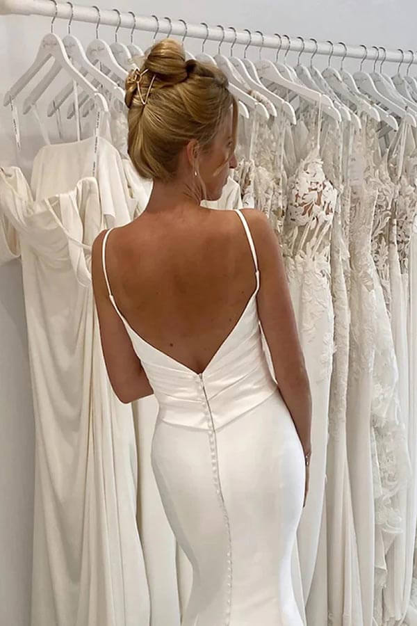 Satin Mermaid Spaghetti Straps Pleated Wedding Dresses, Bridal Gown - Image 3