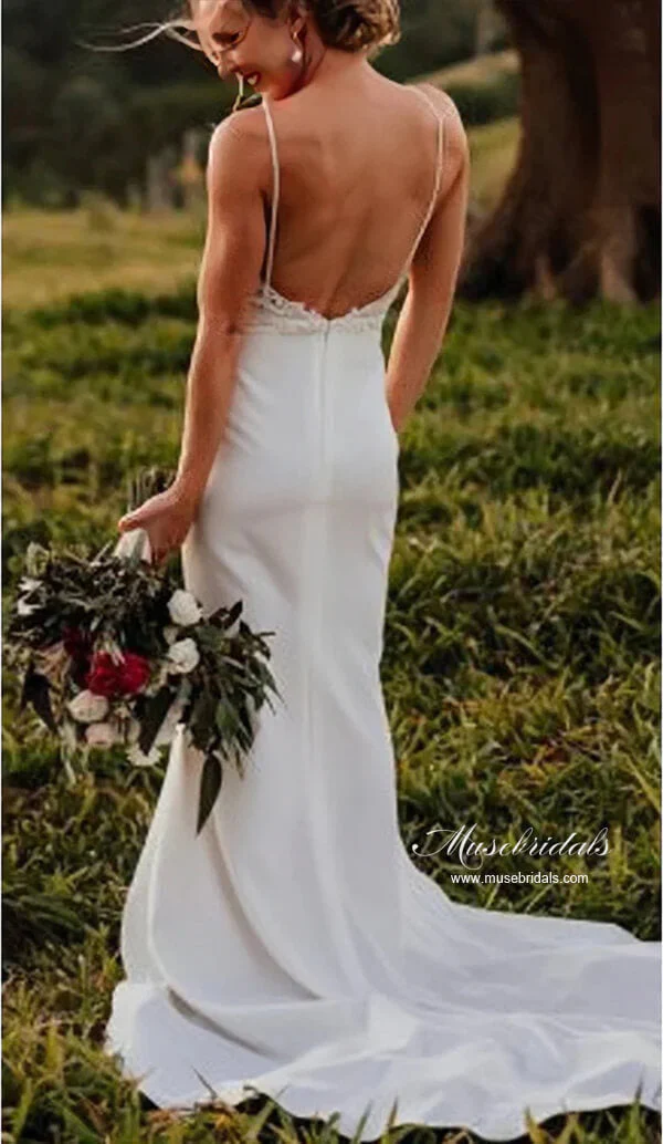 Satin Mermaid V-neck Spaghetti Straps Backless Lace Wedding Dress - Image 3