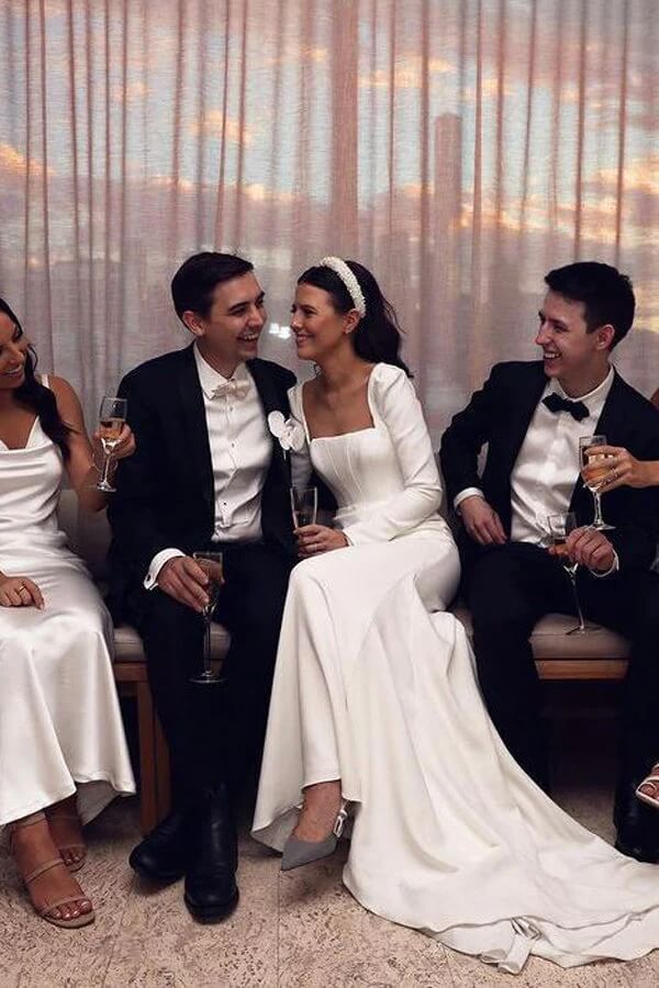 Satin Sheath Long Sleeves Wedding Dresses With Train, Wedding Gowns - Image 4