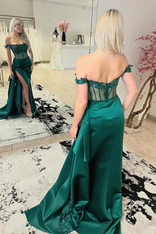 Satin Sheath Off-the-Shoulder Long Prom Dresses With Lace Appliques, MP937 - Image 3