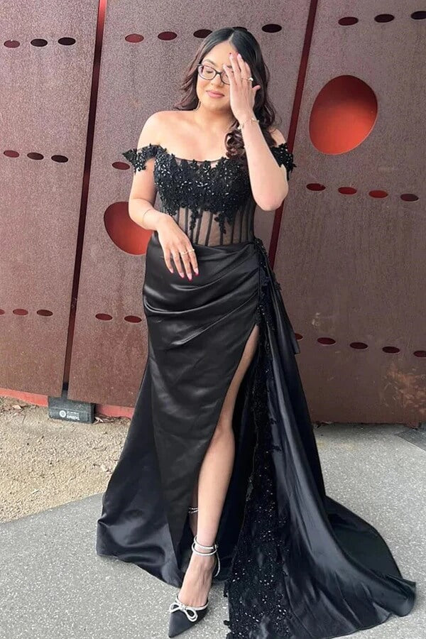 Satin Sheath Off-the-Shoulder Long Prom Dresses With Lace Appliques, MP937 - Image 6