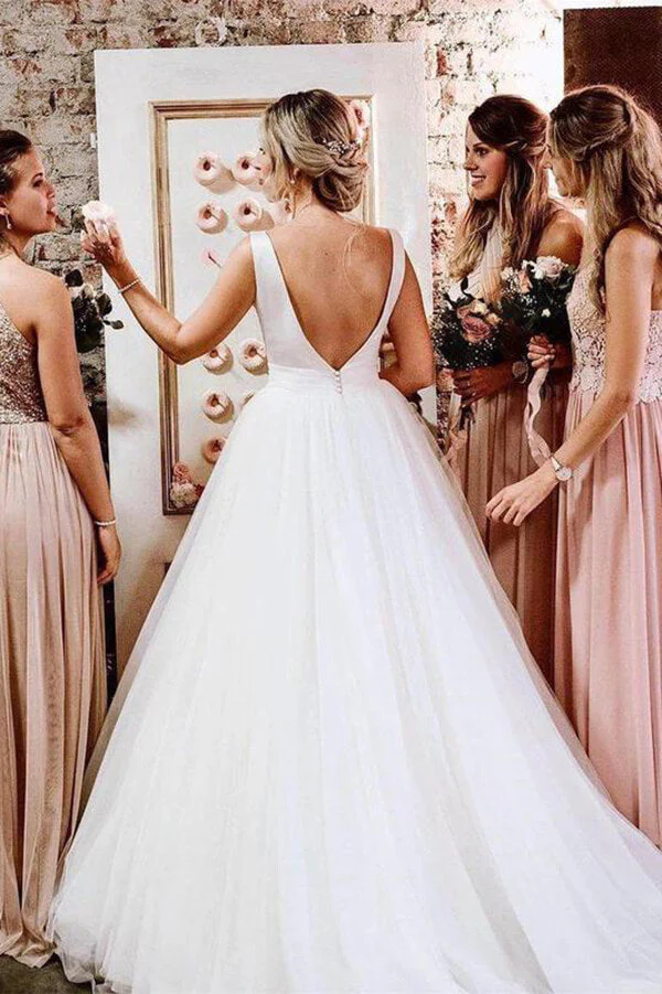 Satin Tulle A-Line Bateau Sleeveless Wedding Dresses With Bow - Image 3