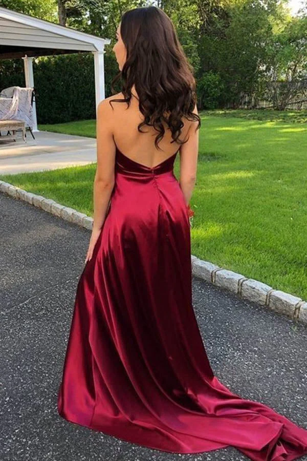 Satin V-neck Red A-Line Spaghetti Straps Sweep Train Prom Dress With Slit,MP591 - Image 2