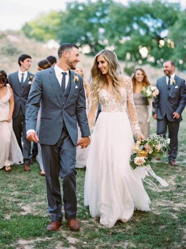 Through Beaded Floral Lace Long Sleeve Boho Wedding Dresses - Image 5