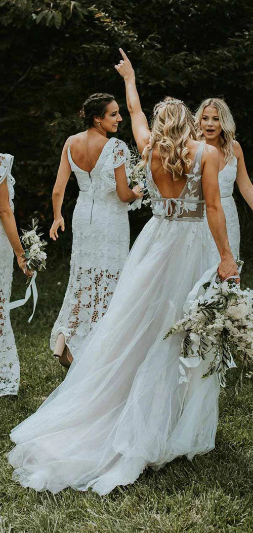 See Through Tulle V-neck Lace Ivory V-back Beach Wedding Dresses - Image 2