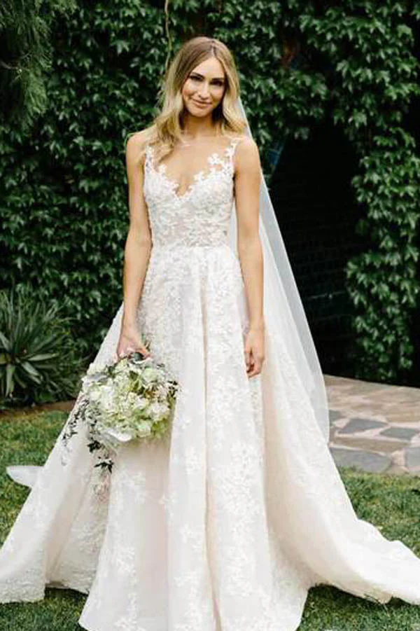 See Through Vintage Lace Illusion Neck Wedding Gowns