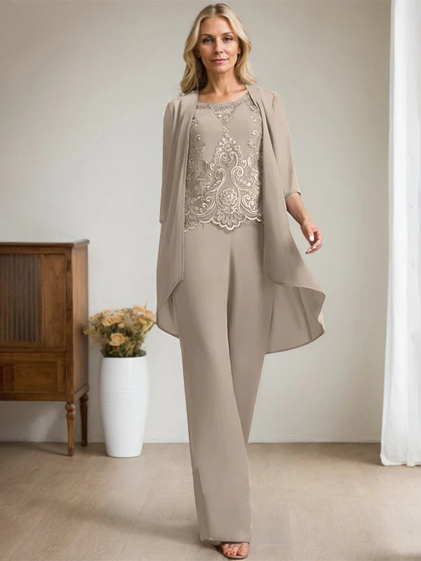 Separates Jumpsuit/Pantsuit Scoop Floor-Length Chiffon Lace Mother of the Bride Dress With Beading Sequins - Image 40