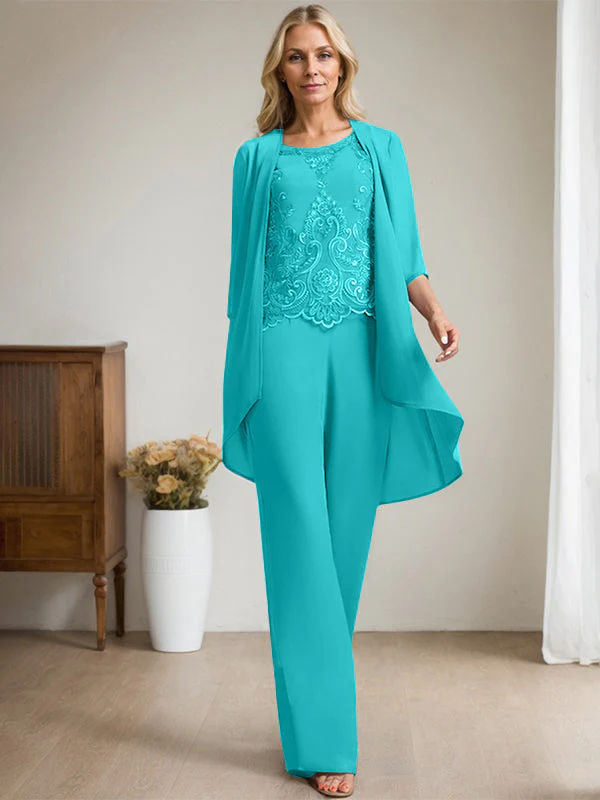 Separates Jumpsuit/Pantsuit Scoop Floor-Length Chiffon Lace Mother of the Bride Dress With Beading Sequins - Image 42