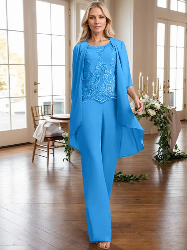 Separates Jumpsuit/Pantsuit Scoop Floor-Length Chiffon Lace Mother of the Bride Dress With Beading Sequins - Image 47