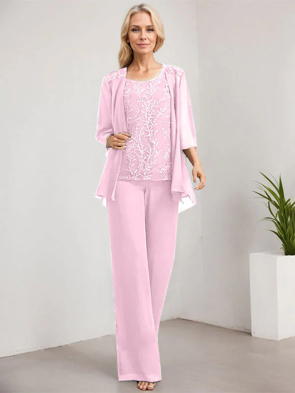 Separates Jumpsuit/Pantsuit Scoop Floor-Length Lace Chiffon Mother of the Bride Dress With Sequins - Image 32