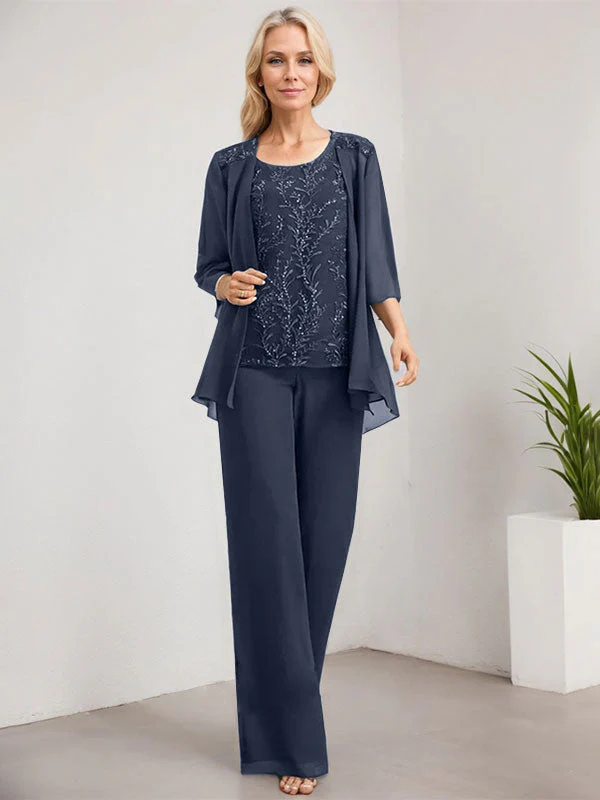 Separates Jumpsuit/Pantsuit Scoop Floor-Length Lace Chiffon Mother of the Bride Dress With Sequins - Image 35