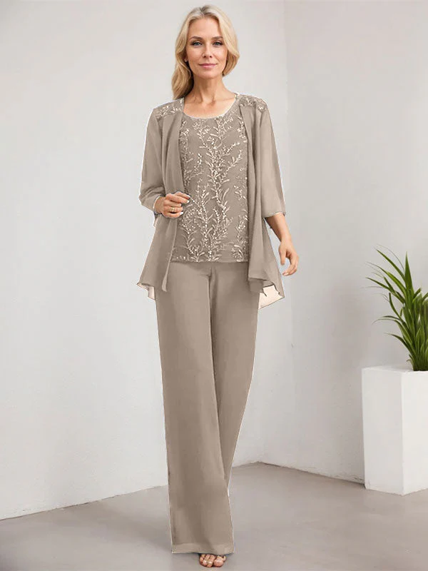 Separates Jumpsuit/Pantsuit Scoop Floor-Length Lace Chiffon Mother of the Bride Dress With Sequins - Image 45