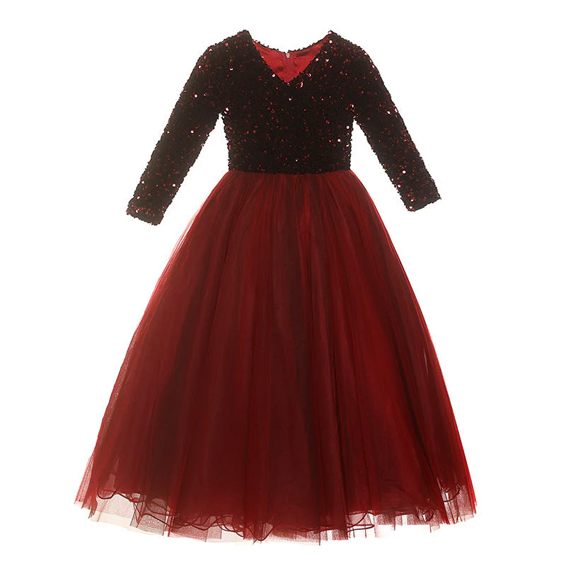 Girl Communion Dress Little Girl Red Sequins Long Sleeve Pageant Princess Dress - Image 5