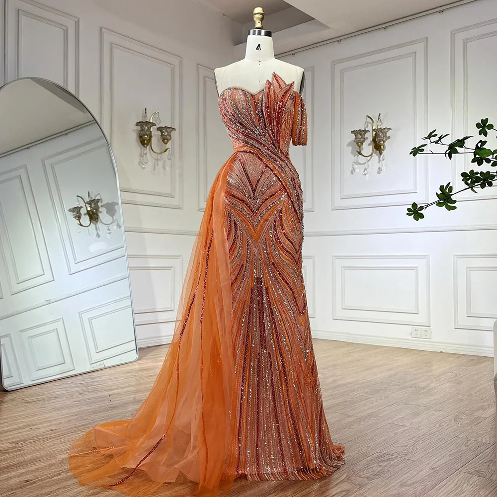 Luxury Dubai Arabic Blue One Shoulder Luxury Dubai Evening Gown with Side Overskirt Beaded Dress for Women's Party LA72662 - Image 11