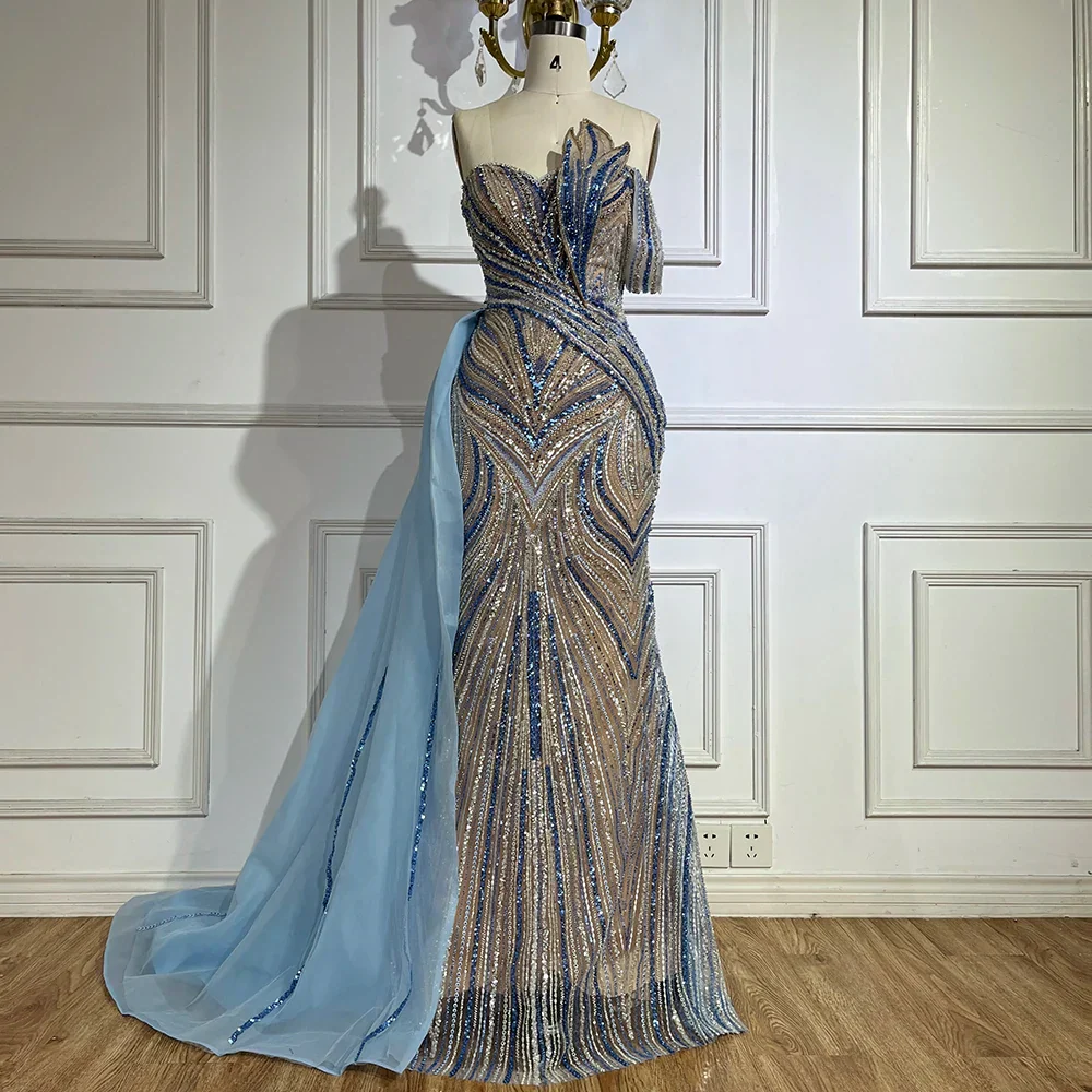 Luxury Dubai Arabic Blue One Shoulder Luxury Dubai Evening Gown with Side Overskirt Beaded Dress for Women's Party LA72662 - Image 5