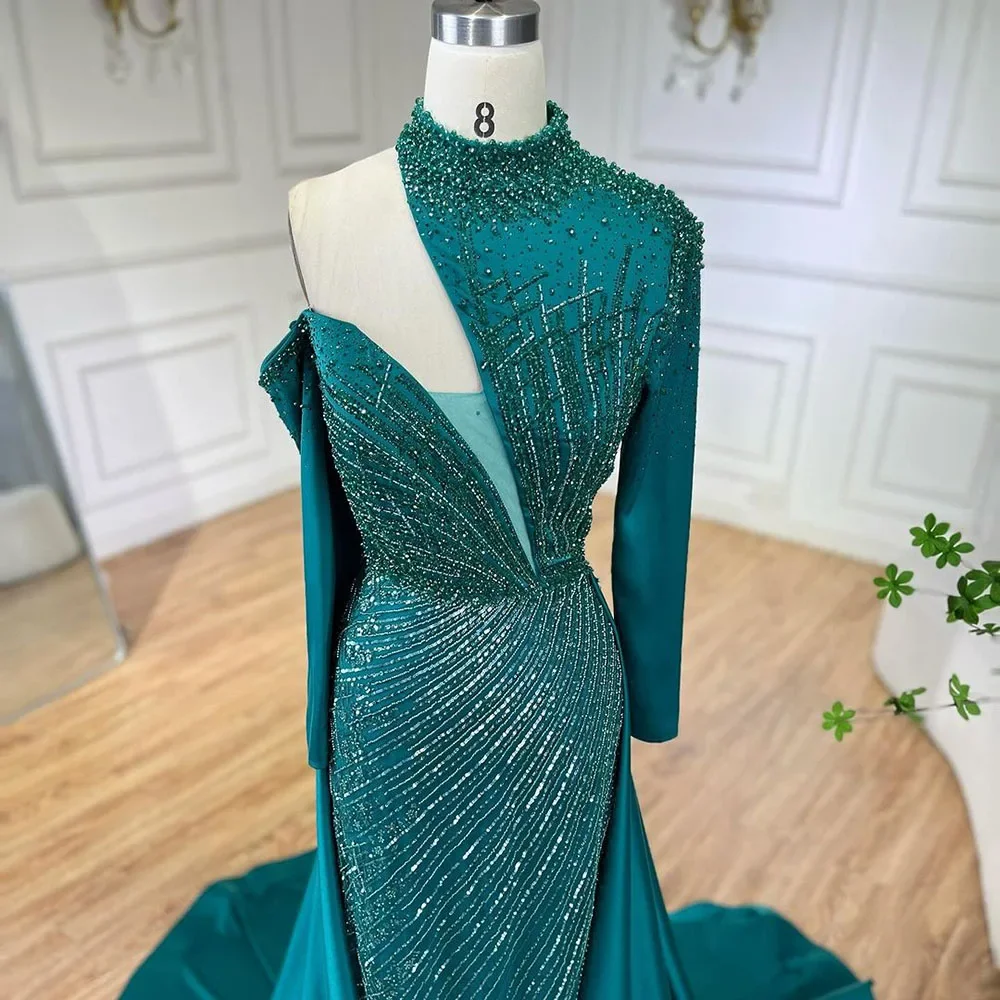 Serene Hill Arabic Green Elegant Mermaid One Shoulder Beaded Luxury Dubai Evening Dresses Gowns For Women Wedding Party LA72550 - Image 5