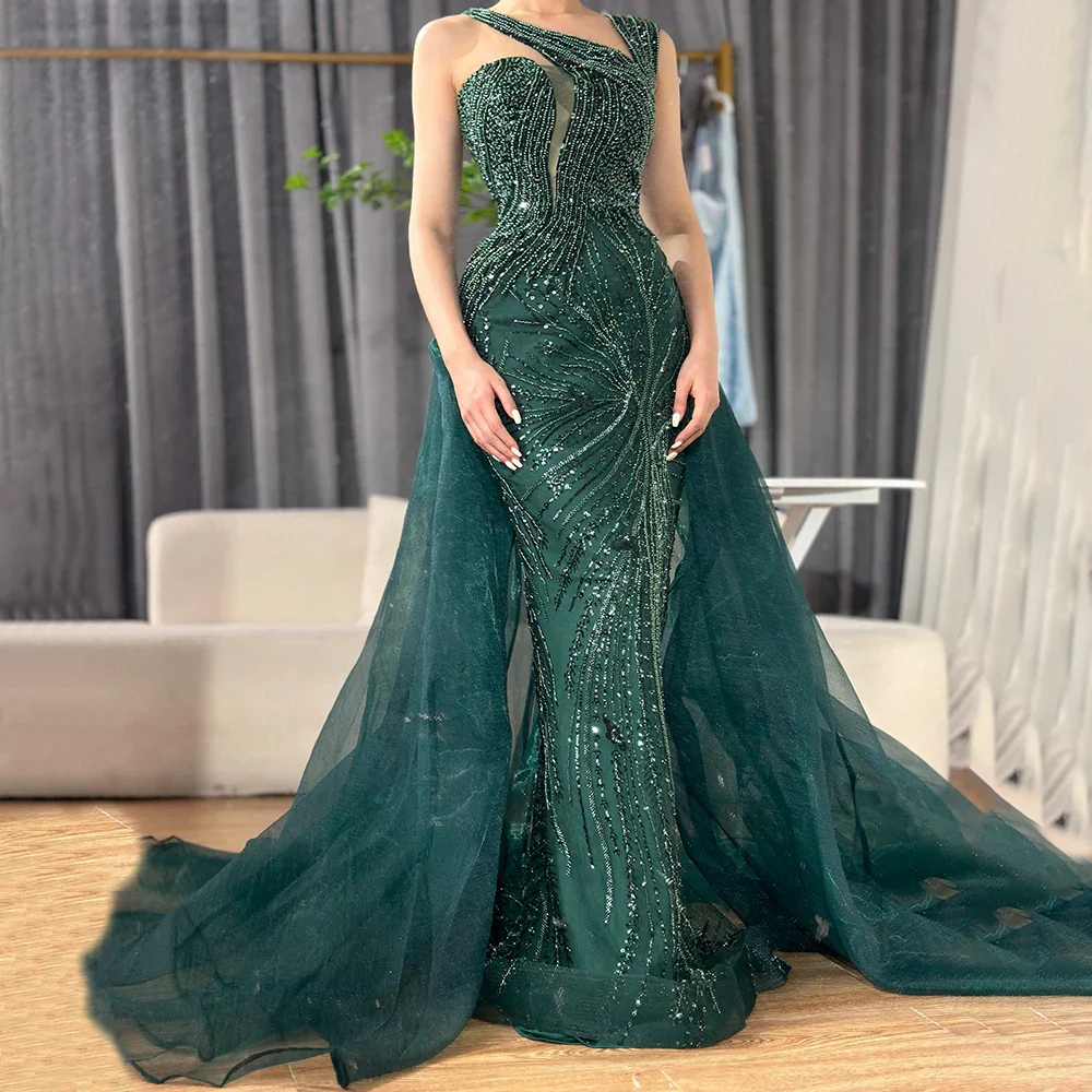 Luxury Dubai Nude Mermaid Green Evening Gown with Elegant One Shoulder Overskirt for Formal Occasion LA72031A - Image 4