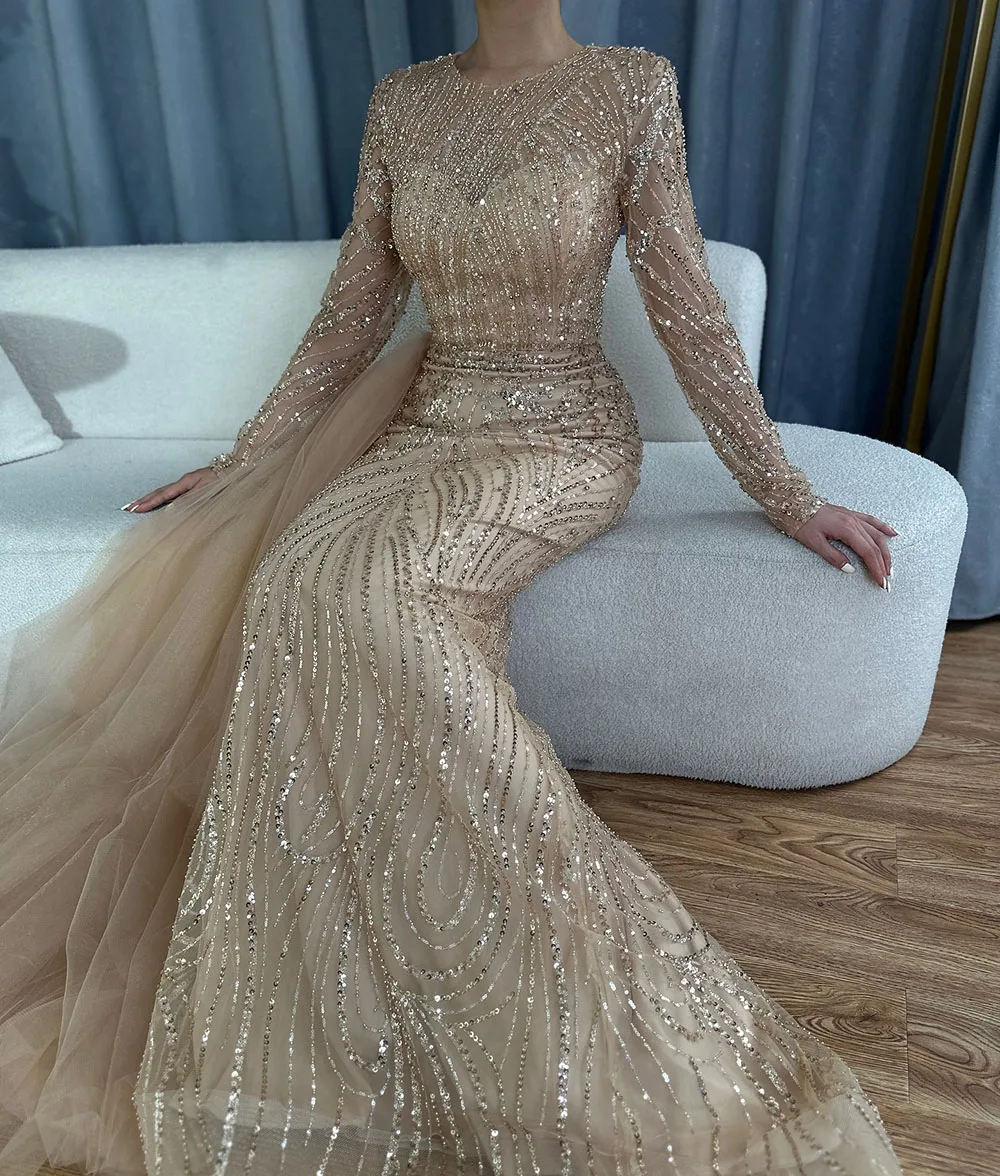 Luxury Dubai Caramel Beaded Mermaid Long Arabic Evening Dresses Gowns With Overskirt for Formal Occasion LA71673A - Image 6