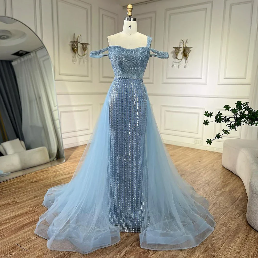 Serene Hill Gold Mermaid Elegant One Shoulder Overskirt Beaded Luxury Evening Dresses Gowns 2025 For Women Wedding Party LA72453 - Image 11
