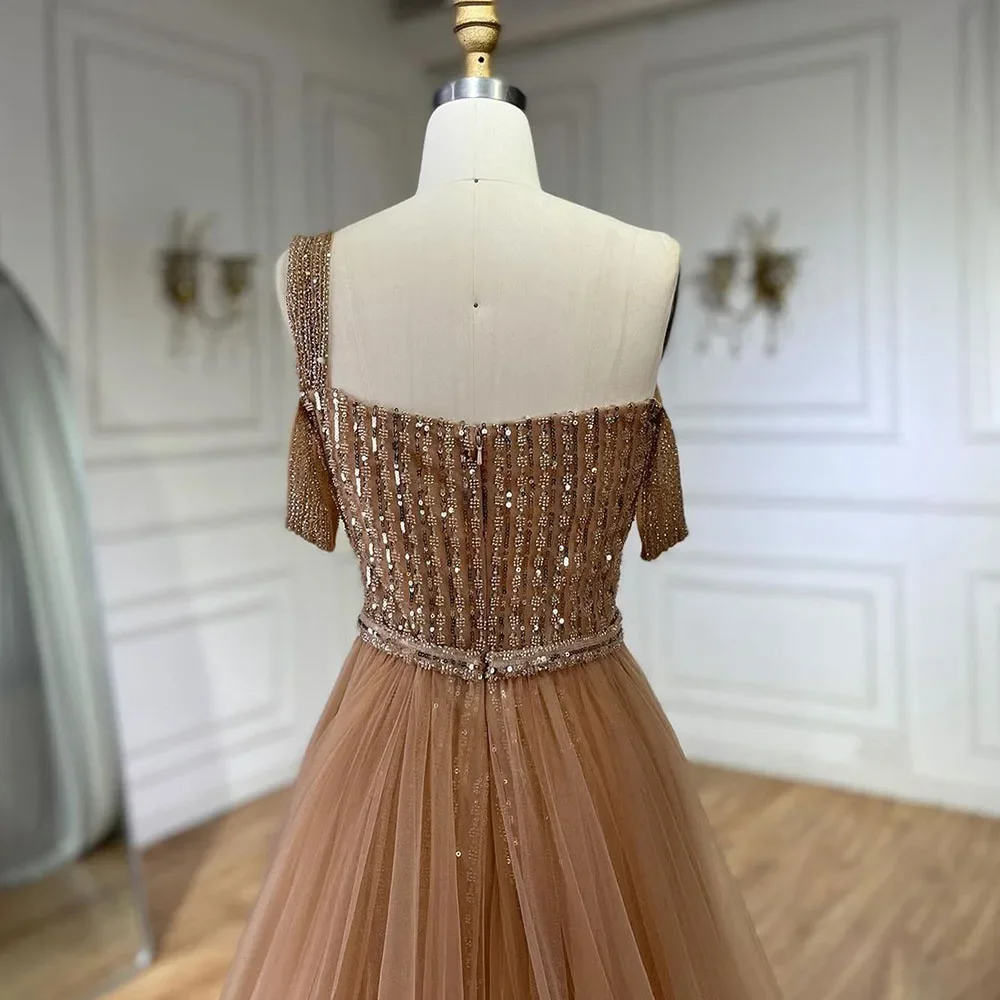 Serene Hill Gold Mermaid Elegant One Shoulder Overskirt Beaded Luxury Evening Dresses Gowns 2025 For Women Wedding Party LA72453 - Image 8