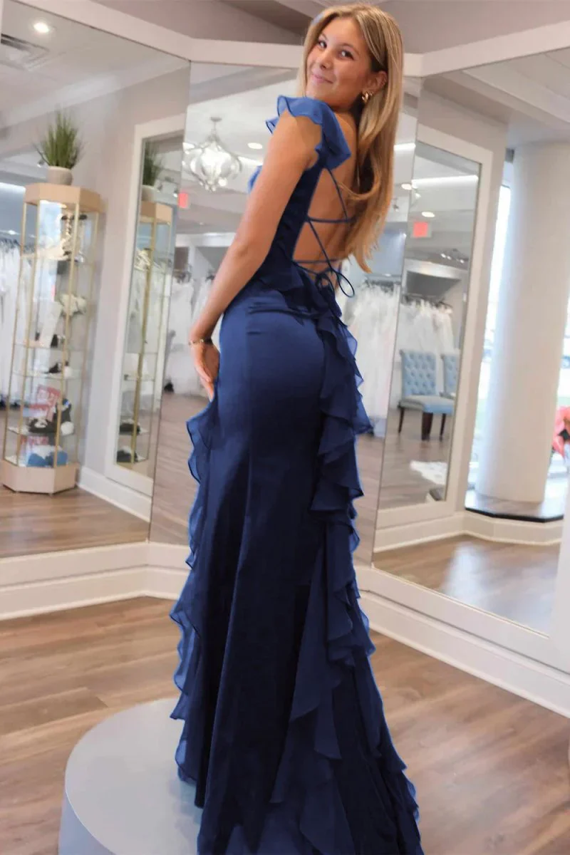 Sexy Square Neck Ruffle Backless Sleeveless Slit Prom Dress - Image 4