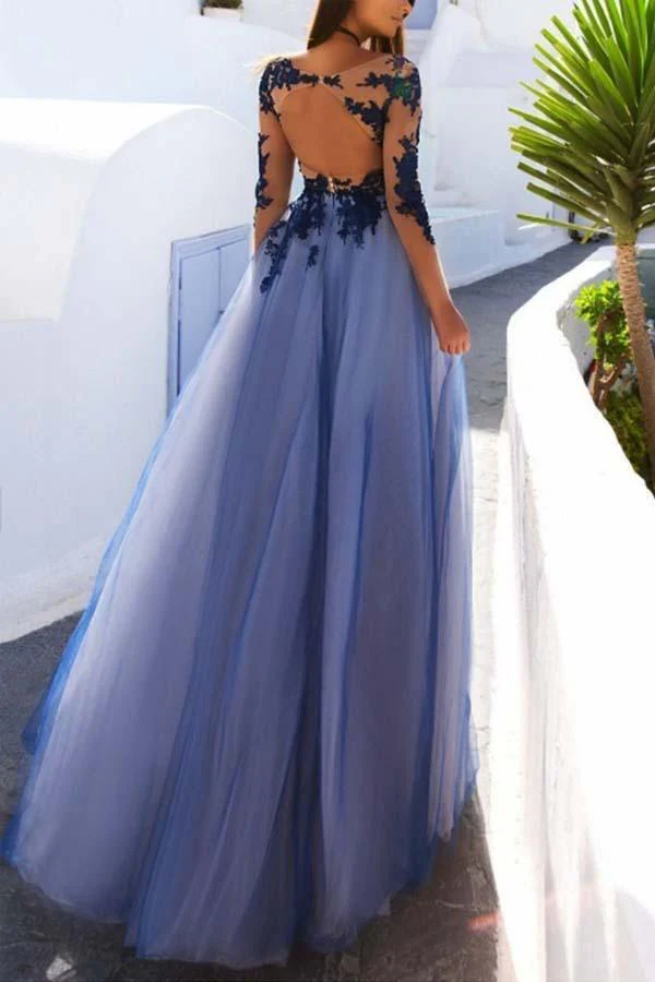 Sexy Long Sleeves Blue Lace Open Back Prom Dresses Evening Dresses - Image 2