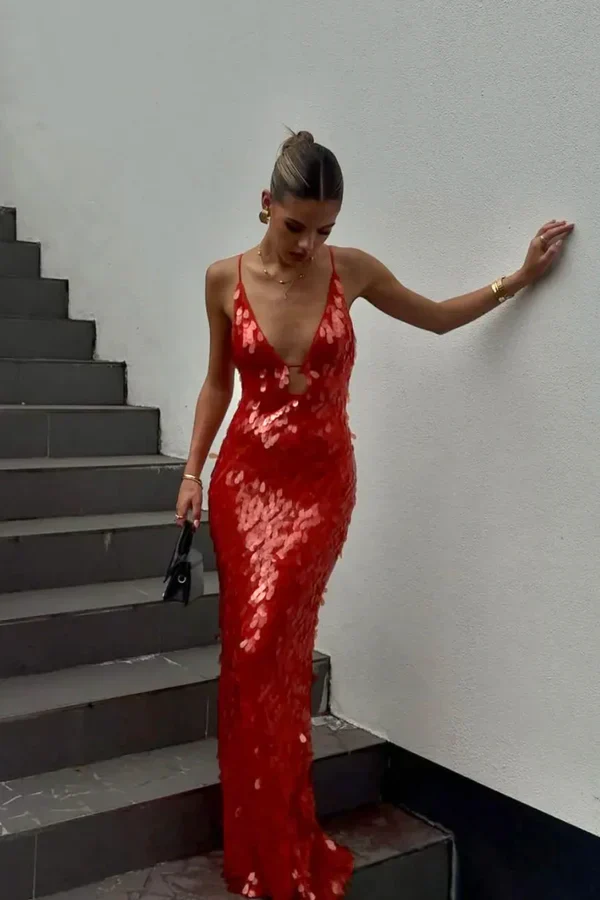 Sexy Sleeveless Spaghetti Straps Backless Sequin Maxi Long Dress Prom Dresses