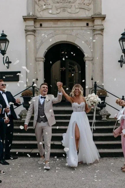 Sexy Strapless Sleeveless Column Floor-Length Tulle Wedding Dresses with Appliques - Image 2